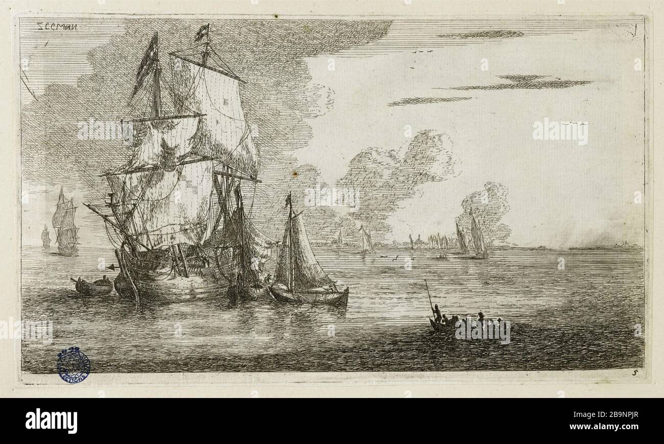 Mehrere Schiffe und Handelsschiff 5: Ein Handelsschiff (Hollstein 92) Renier Zeeman (vers 1623-1667). Plüsieurs vaisseaux et navire-marchands Nr. 5 : UN navire-marchand (Hollstein 92). Eau-forte, 1652. Musée des Beaux-Arts de la Ville de Paris, Petit Palais. Stockfoto