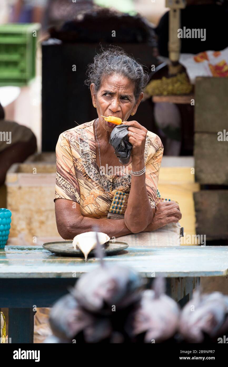 Frau, die sich mit einem Eisblock auf dem Negombo-Fish-Markt in Sri Lanka abkühlt Stockfoto