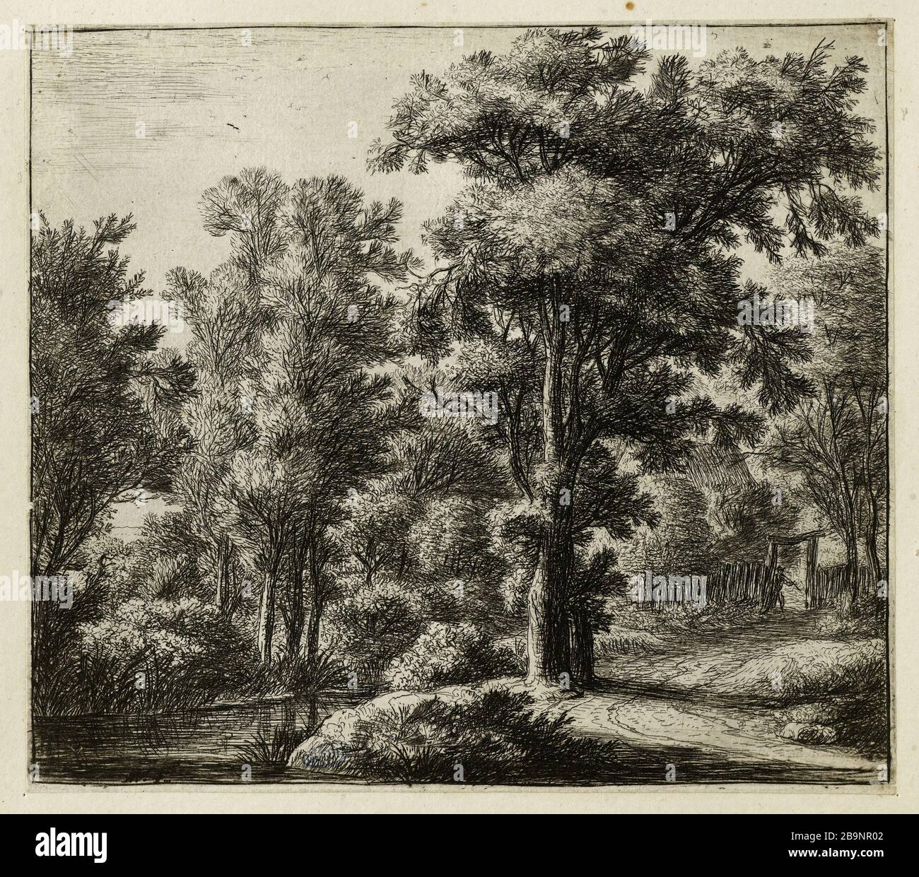 Der von einer Hecke umgebene Holzeingang (Hollstein 55) Anthonie Waterloo (1609-1690). L'Entrée du bois entouré d'une haie (Hollstein 55). Eau-forte, Milieu du XVIIème siècle. Musée des Beaux-Arts de la Ville de Paris, Petit Palais. Stockfoto