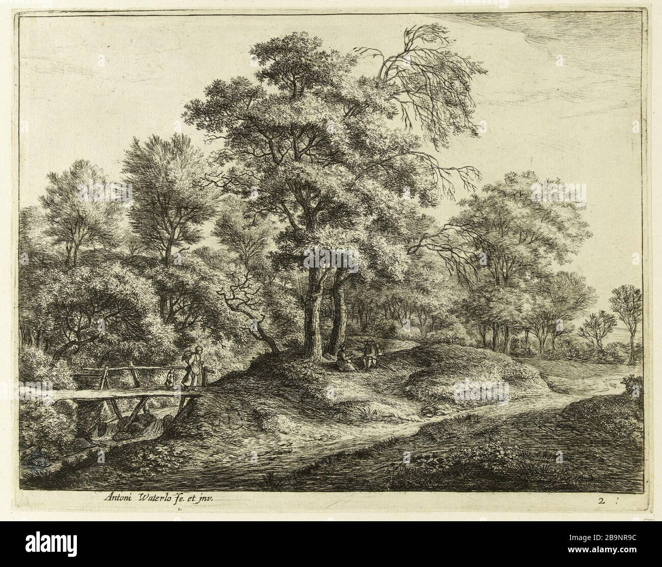 Der Bauer und seine Tochter auf der kleinen Holzbrücke (Hollstein 114) Anthonie Waterloo (1609-1690). La Paysanne et sa Fille sur le petit pont de bois (Hollstein 114). Eau-forte, Milieu du XVIIème siècle. Musée des Beaux-Arts de la Ville de Paris, Petit Palais. Stockfoto