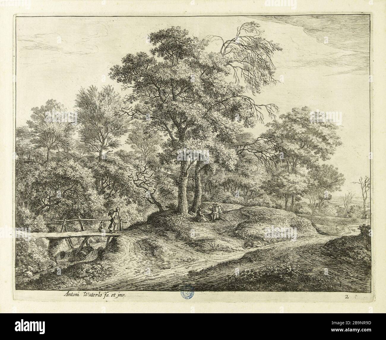 Der Bauer und seine Tochter auf der kleinen Holzbrücke (Hollstein 114) Anthonie Waterloo (1609-1690). La Paysanne et sa Fille sur le petit pont de bois (Hollstein 114). Eau-forte, Milieu du XVIIème siècle. Musée des Beaux-Arts de la Ville de Paris, Petit Palais. Stockfoto