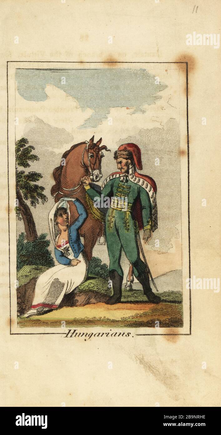 Ungarischer Hussar mit Frau, die einen Schleier trägt, 181. Handfarbige Kupferstichgravur von Mary Anne Vennings GEOGRAFISCHER Gegenwart, die Beschreibungen der Hauptländer der Welt, Darton, Harvey und Darton, London, von 188 ist. Venning schrieb Anfang des 19. Jahrhunderts pädagogische Bücher über Geographie, Konchologie und Mineralogie. Stockfoto