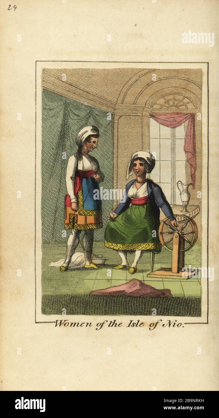 Frauen auf der Insel Nio oder iOS, Griechenland, 181. Eine Frau spinnt Garn auf einem sich drehenden Rad und eine andere hält eine Spindel. Handfarbige Kupferstichgravur von Mary Anne Vennings GEOGRAFISCHER Gegenwart, die Beschreibungen der Hauptländer der Welt, Darton, Harvey und Darton, London, von 188 ist. Venning schrieb Anfang des 19. Jahrhunderts pädagogische Bücher über Geographie, Konchologie und Mineralogie. Stockfoto