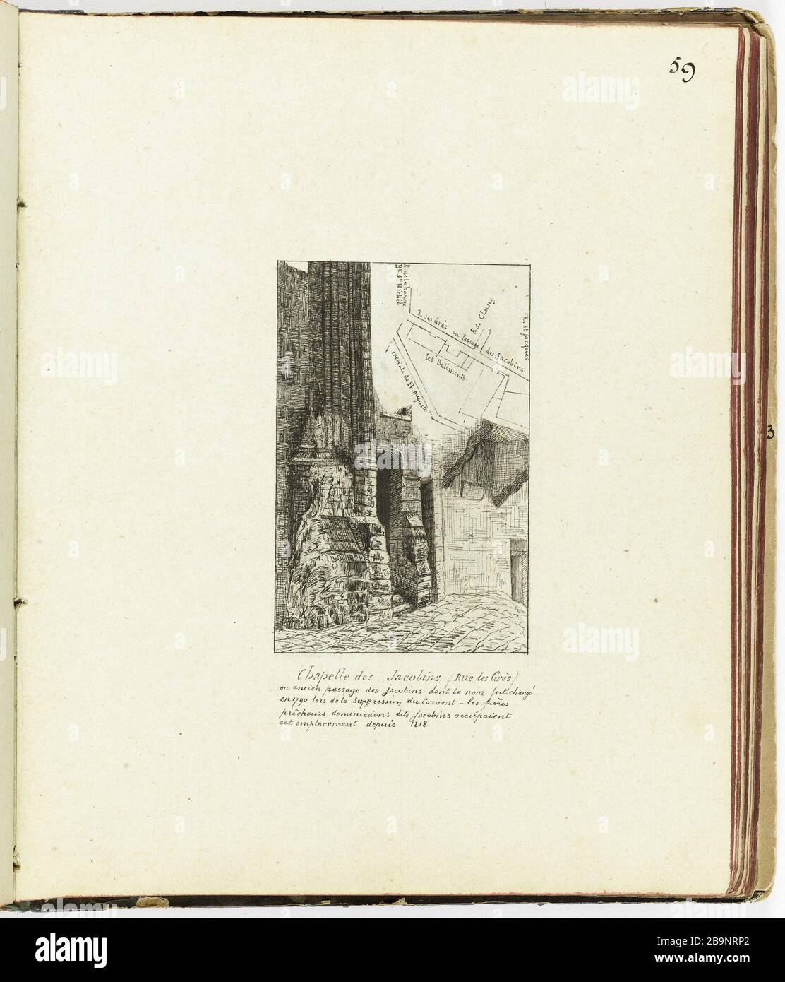 Sammlung von 102 Zeichnungen [Alt Paris] Jacobin Chapel Street Sandstein oder alte Passage des Jakobiners Henri Chapelle (1850-1925). "Le Vieux Paris". Recueil de 102 dessins. Chapelle des Jakobiners, rue des Grès ou ancien Passage des Jakobiners. Paris, musée Carnavalet. Stockfoto