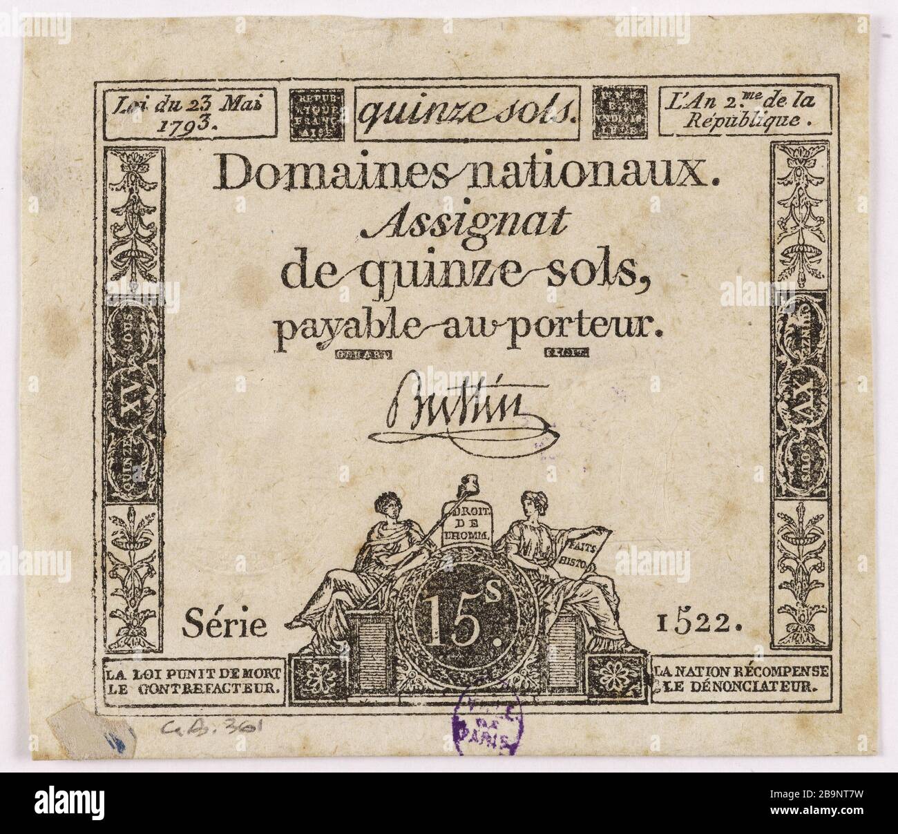 Nur 15 Serien 1522ME zugewiesen 23. Mai 1793. Nicolas Marie Gatteaux (1751-1832)/Gérard, Jean-Baptiste. Assignat de 15 Sols, série 1522me, 23 Mai 1710. Typographie, encre. Paris, musée Carnavalet. Stockfoto