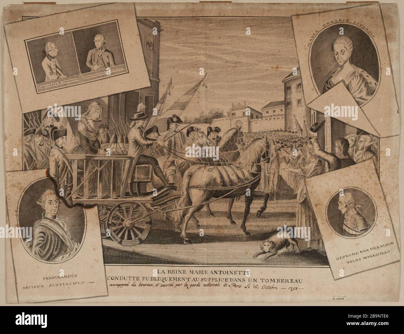 Königin Marie Antoinette führt öffentlich zur Hinrichtung in einem Lastwagen. Stockfoto