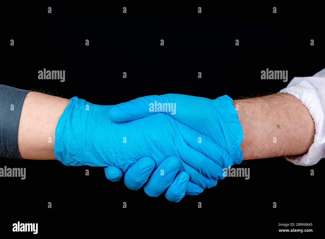 Schüttelnde Hände, zwei Personen, die blaue Latexhandschuhe tragen, schütteln die Hände. Nur Hände sichtbar. Nahansicht, schwarzer Hintergrund. Stockfoto