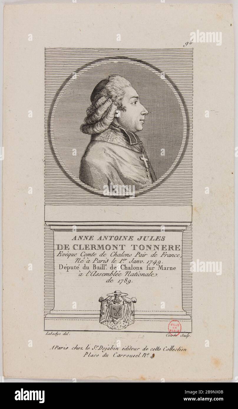 Porträt von Anne Jules Antoine de Clermont Tonnerre. Wilbrode Nicolas Magloire Courbe. Portrait de Anne Antoine Jules de Clermont Tonnere. Tiefdruck au burin et à l'eau forte. Paris, musée Carnavalet. Stockfoto