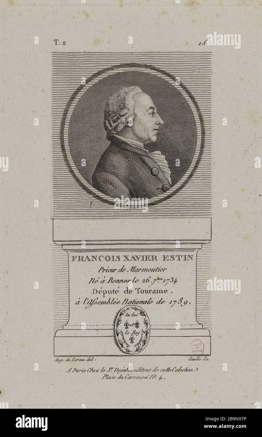 Francois Xavier Estin, Prior von Marmoutier, Abgeordneter der Touraine in der Nationalversammlung 1789. Wilbrode-Magloire-Nicolas Courbe. "Francois Xavier Estin, Prieur de Marmoutier, député de Touraine à l'Assemblée Nationale de 1789". Physionotraces. Paris, musée Carnavalet. Stockfoto