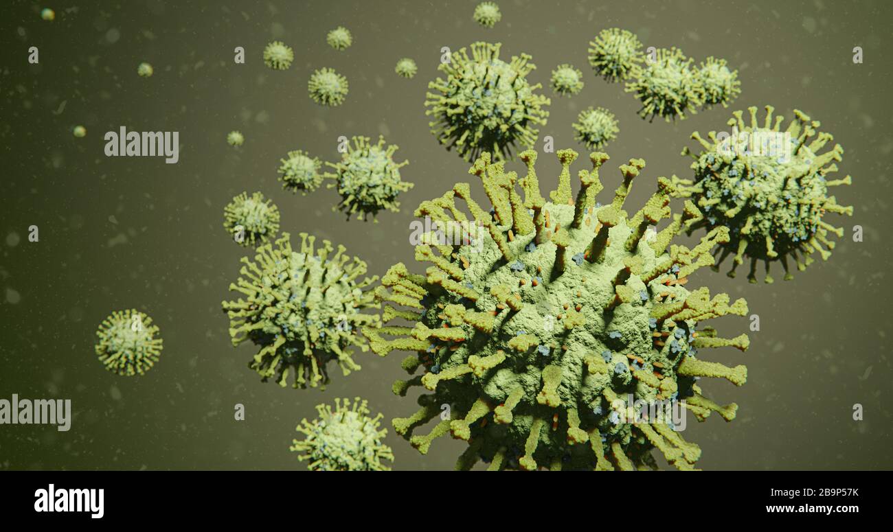 Tödlicher Yellow-Green-Cluster aus COVID-19 Corona Influenza-Virus-Molekülen, die in Partikeln schweben - nCOV Coronavirus Pandemie-Ausbruch 3D-Abbildung Stockfoto