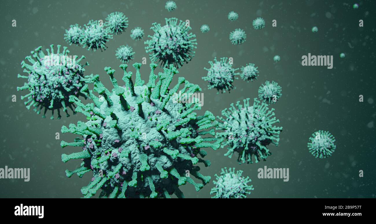 Tödlicher blauer Cluster aus COVID-19 Corona Influenza-Virus-Molekülen, die in Partikeln schweben - nCOV Coronavirus Pandemie-Ausbruch 3D-Abbildung Stockfoto