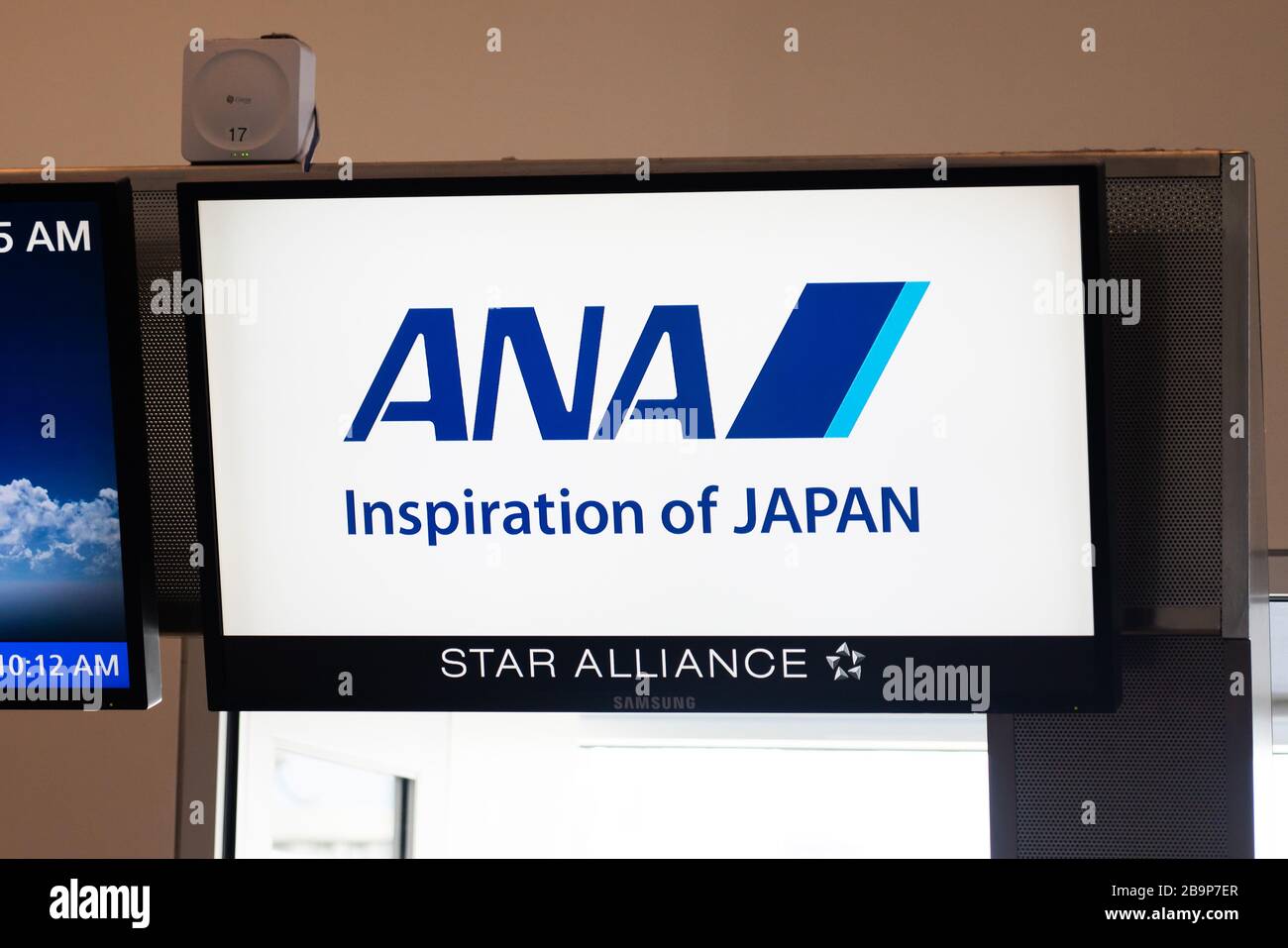 San Jose, USA. Februar 2020. All Nippon Airways oder ANA-Logo auf dem Norman Y. Mineta San Jose International Airport. Credit: Alex Tai/SOPA images/ZUMA wire/Alamy Live News Stockfoto