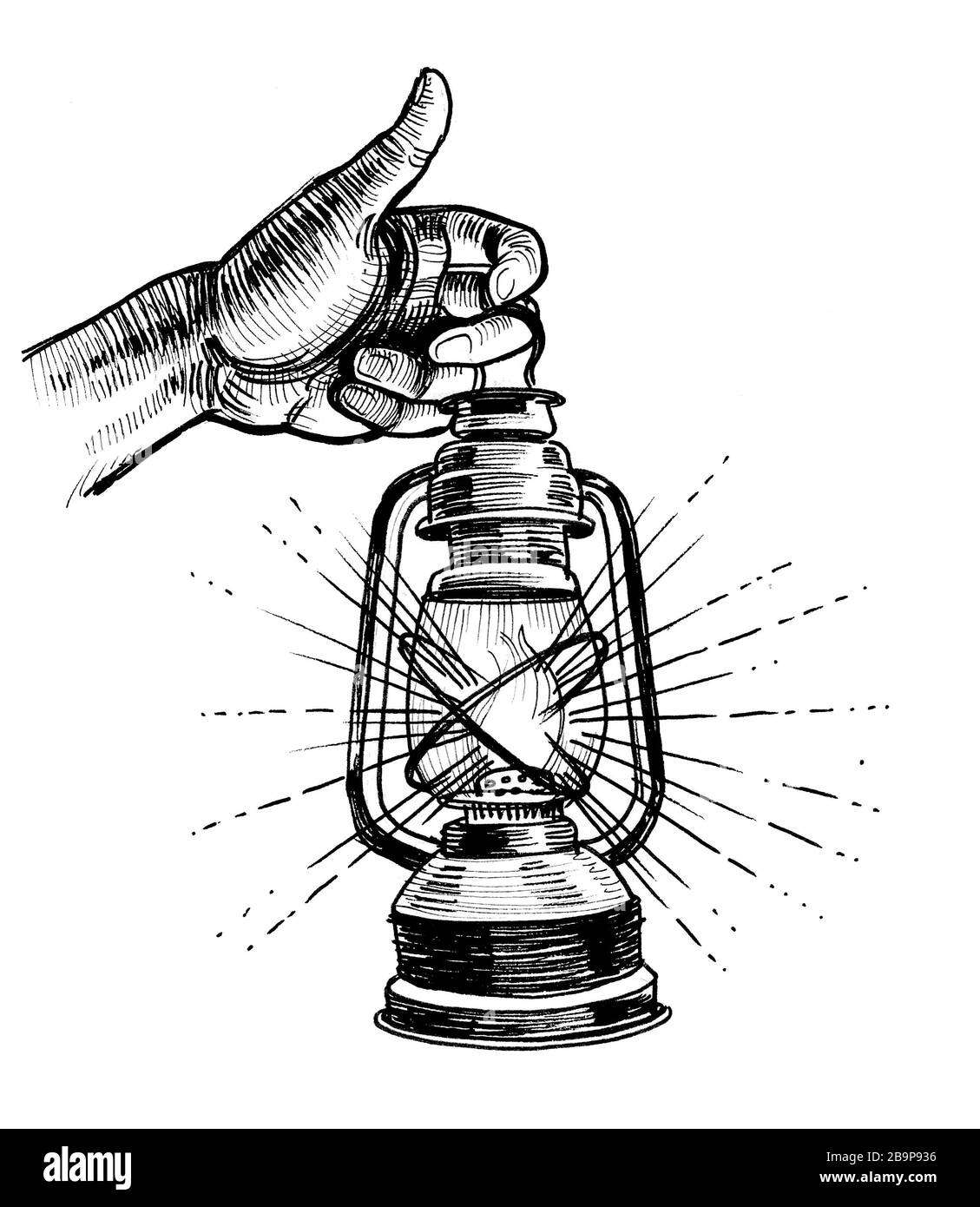 Hand hält glühende Laterne. Tinte schwarz-weiß Zeichnung Stockfoto