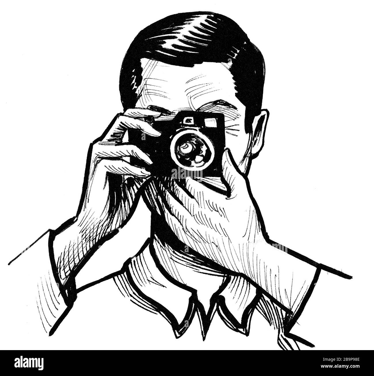 Mann mit einer Retro-Kamera. Schwarz-weiße Tinte Stockfoto