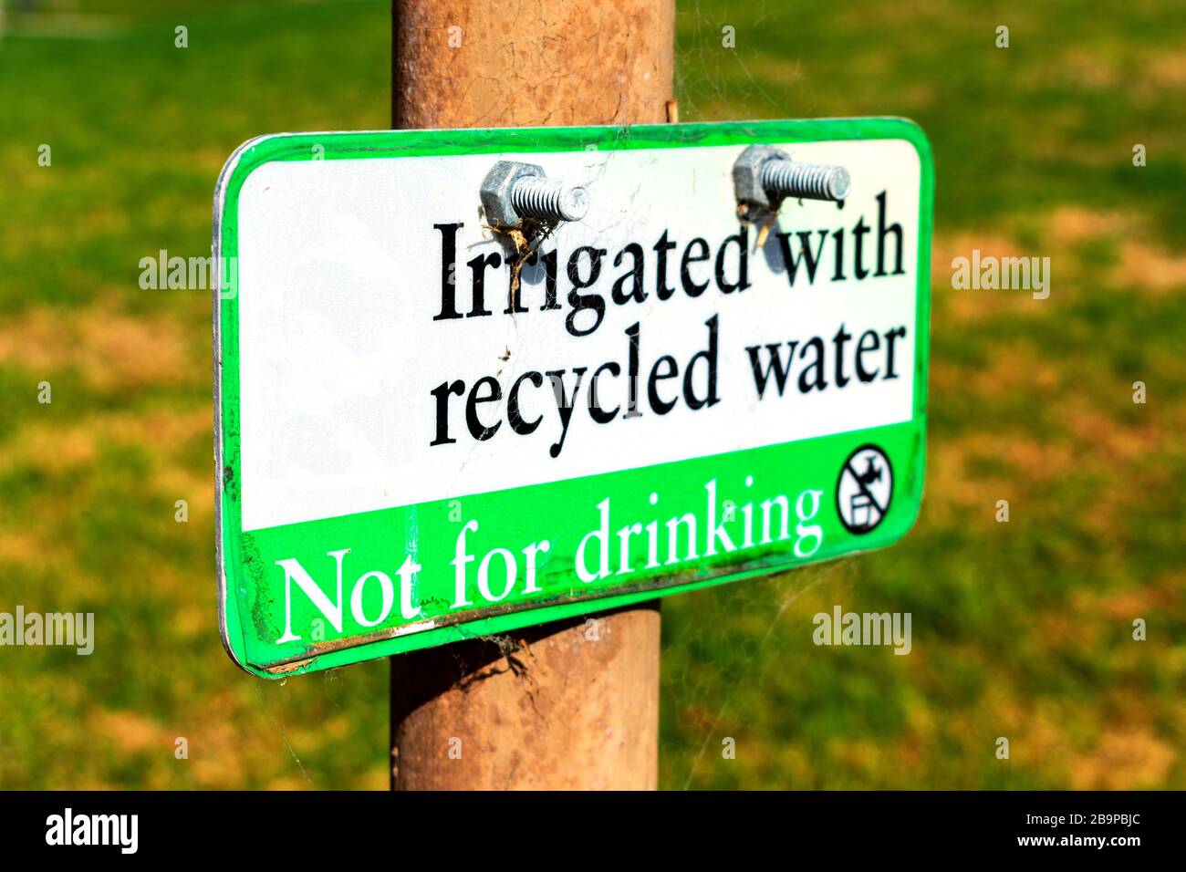 Selektiver Fokus. Bewässert mit recyceltem Wasser, kein Warnschild trinken, das im Freien mit verschwommenen Feldhintergründen angebracht ist. Das verwitterte Schild ist leicht Stockfoto