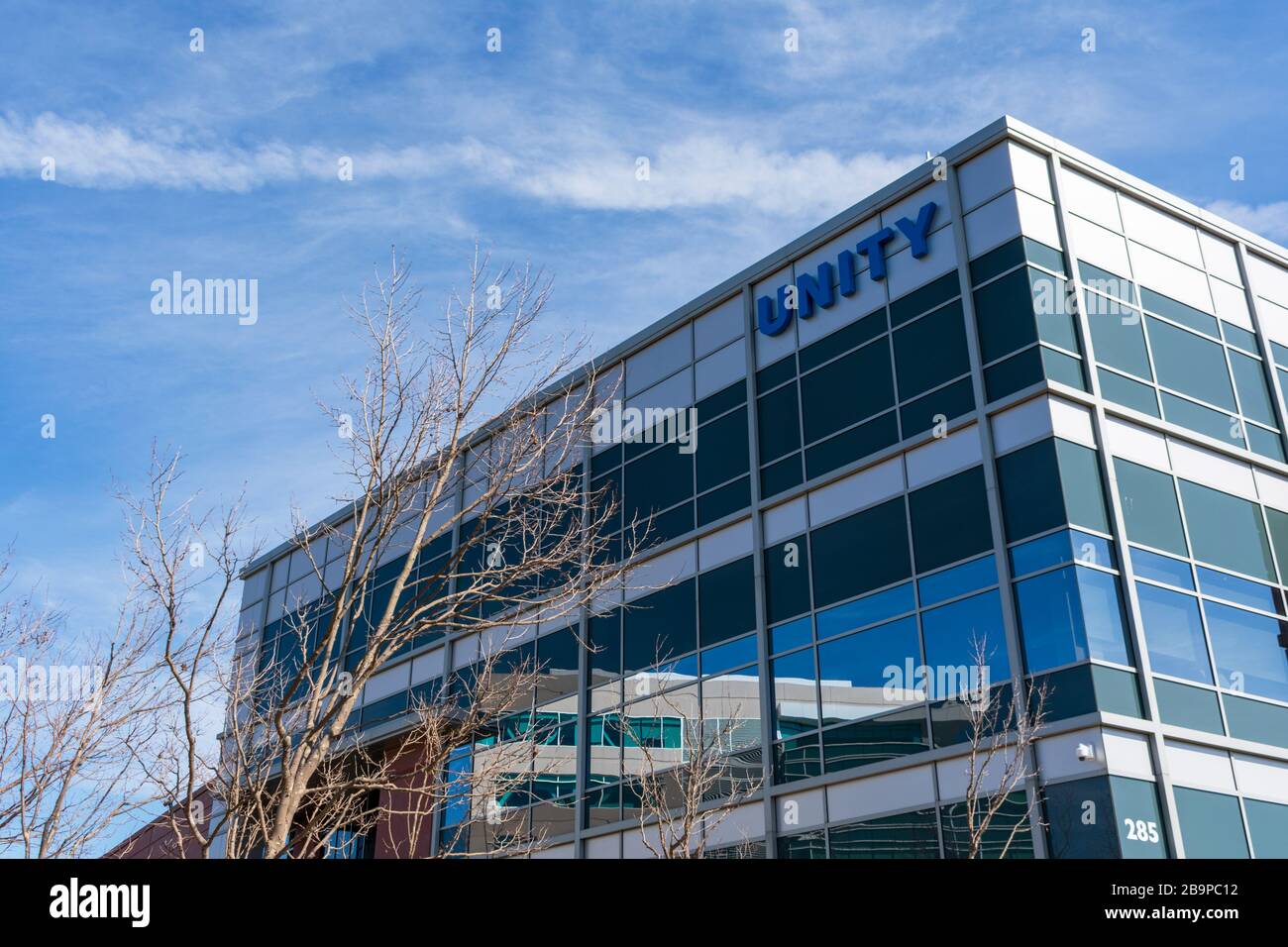 Unity Biotechnology Headquarters Fassade Exterieur. Unity Biotechnology ist ein Start-up-Biotechnologieunternehmen, das Medikamente entwickelt, die auf seneszierende Zellen abzielen - Stockfoto