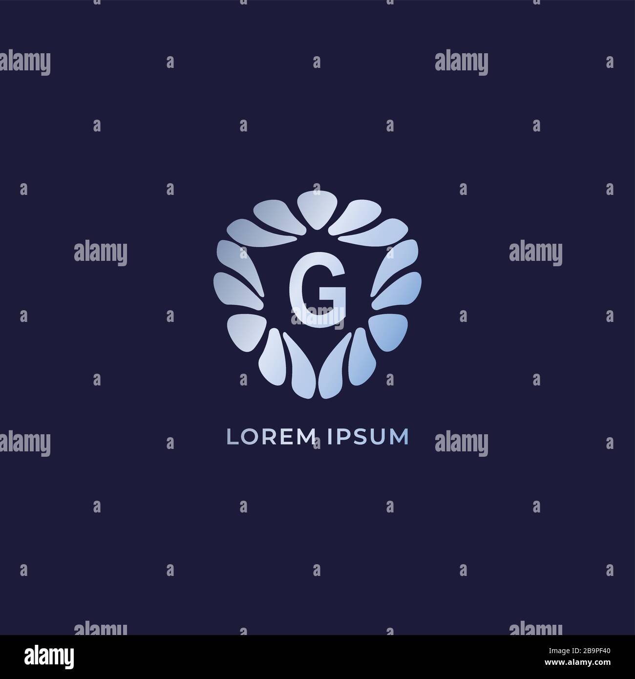 Designvorlage für Buchstaben-G-alphabetisches Logo. Luxuriöses, dekoratives Alphabet, auf marineblauem Hintergrund isoliert. Silbernes Metallic-Schmucklogo-Konzept Stock Vektor