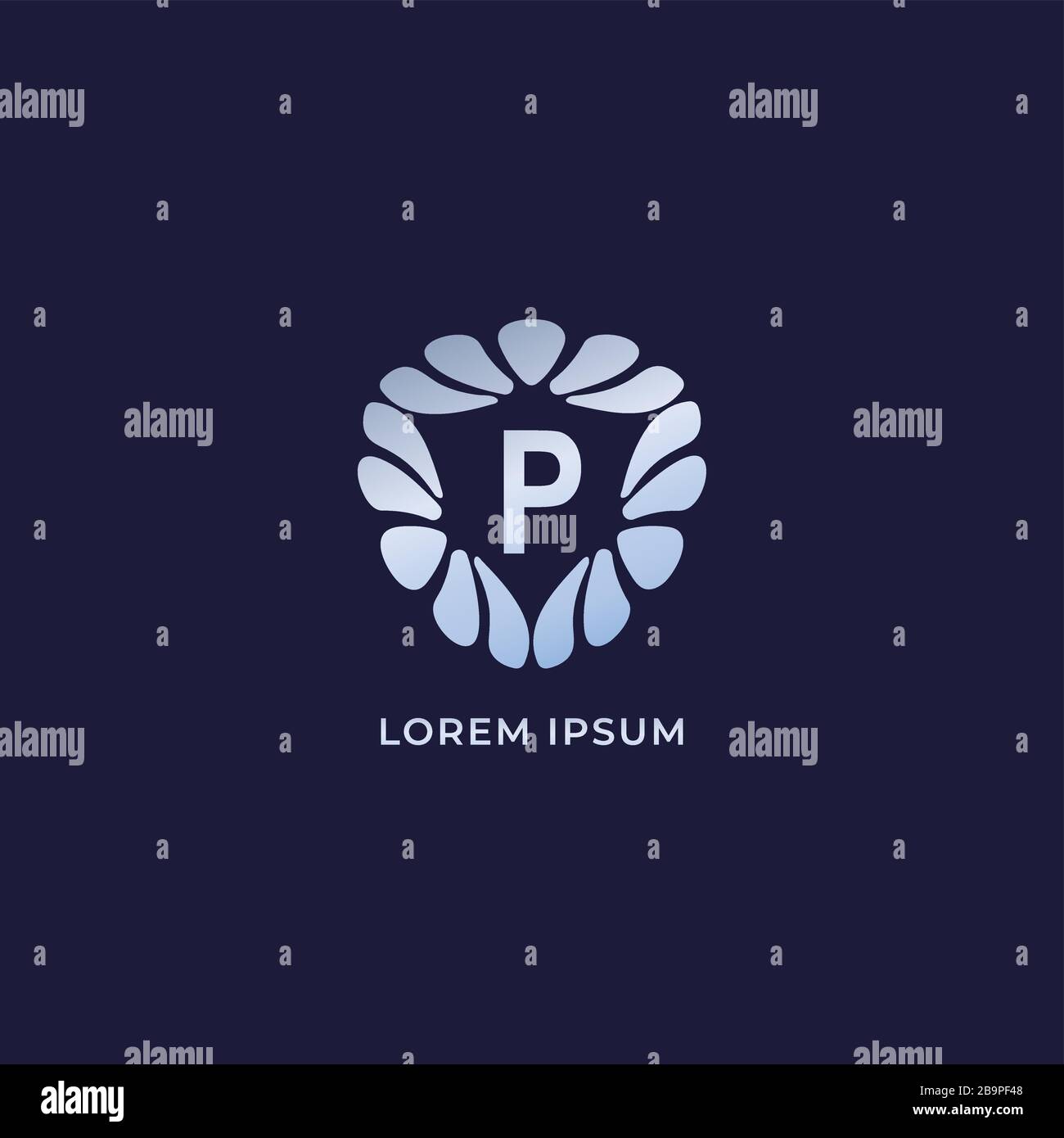 Designvorlage für Buchstaben-P-alphabetisches Logo. Luxuriöses, dekoratives Alphabet, auf marineblauem Hintergrund isoliert. Silbernes Metallic-Schmucklogo-Konzept Stock Vektor