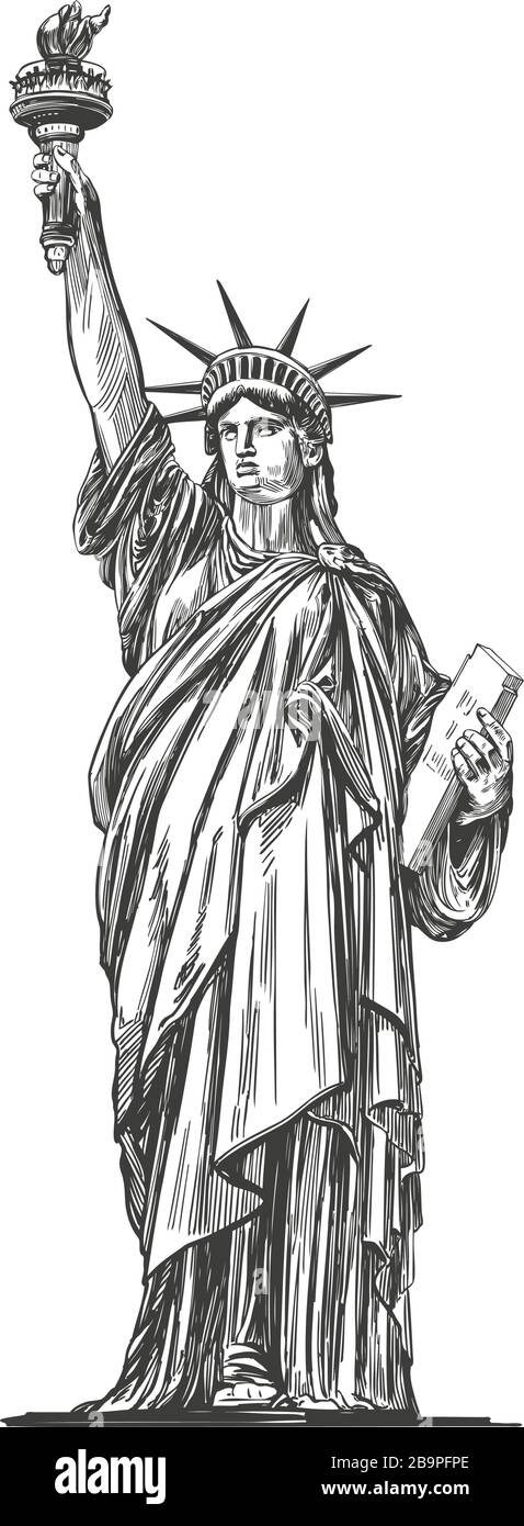 Statue der Freiheit, Symbol der Freiheit und Demokratie in den Vereinigten Staaten von Amerika, architektonische Wahrzeichen handgezeichnete Vektorgrafik-Skizze Stock Vektor