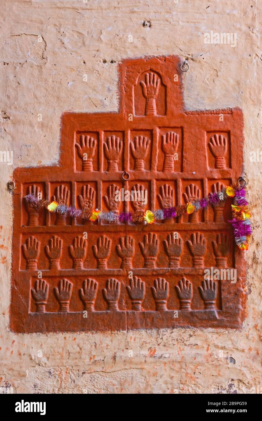 Sati Handprints Mehrangarh Fort Jodhpur Rajasthan Indien Stockfoto
