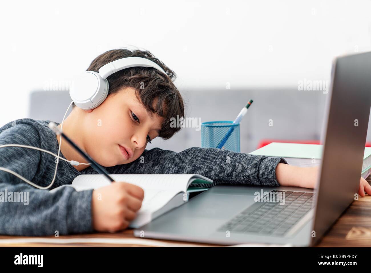 Vor dem Laptop studiert der kleine Junge. E Lernen, Lernen zu Hause online Stockfoto