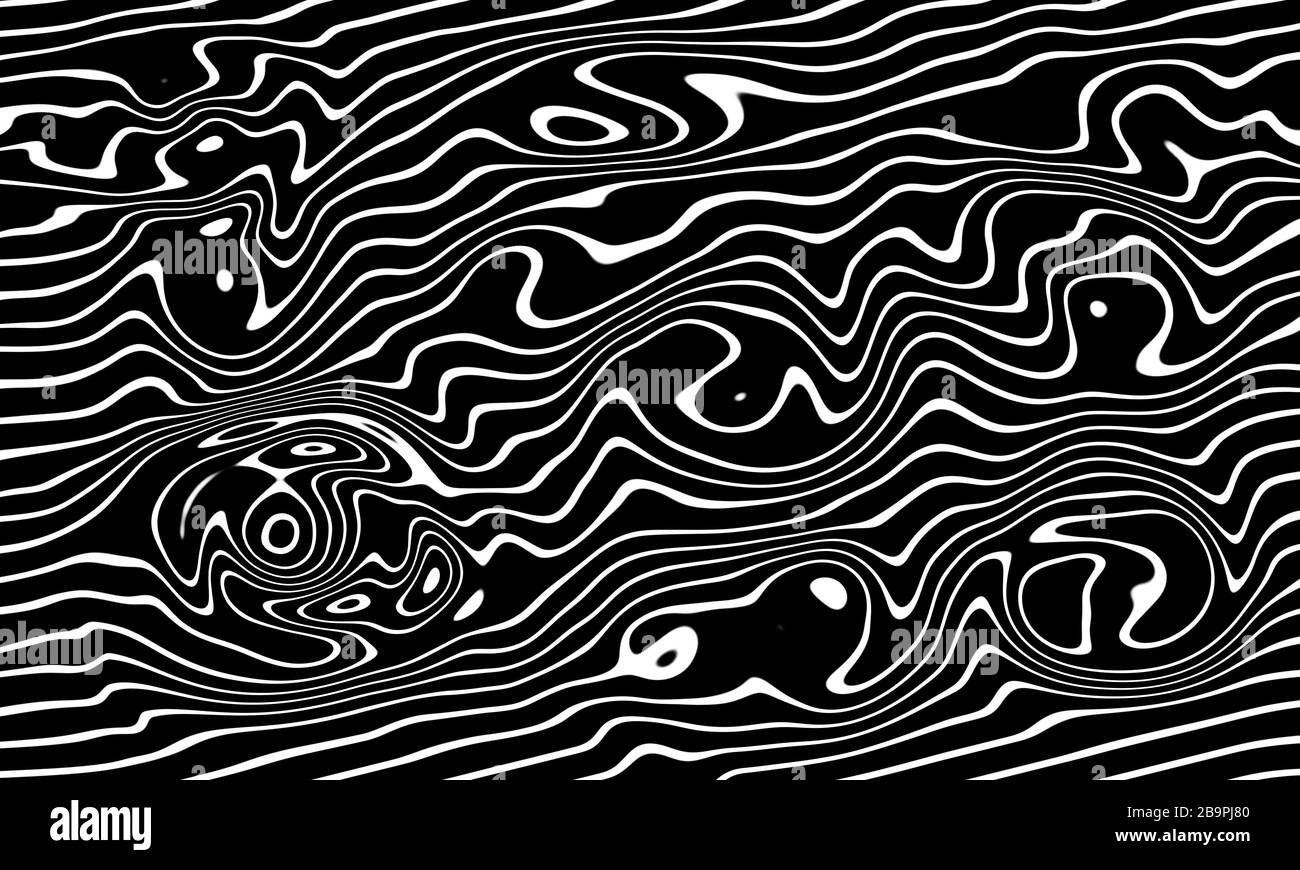 Schwarz-Weiß abstrakt, künstlerisches Muster. Monochromer Hintergrund mit Linien, Vauen, Windungen. Experimentelles, Tierisches, Zebramuster Design. Stockfoto