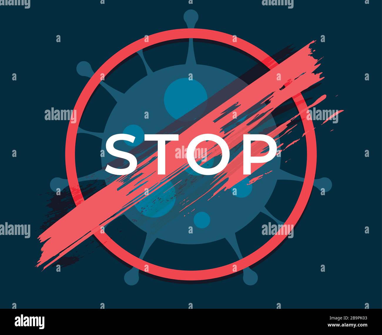Der abstrakte Virus-Strain-Modell-Roman Coronavirus 2019-nCoV ist mit rotem STOPPSCHILD durchgestrichen Stock Vektor
