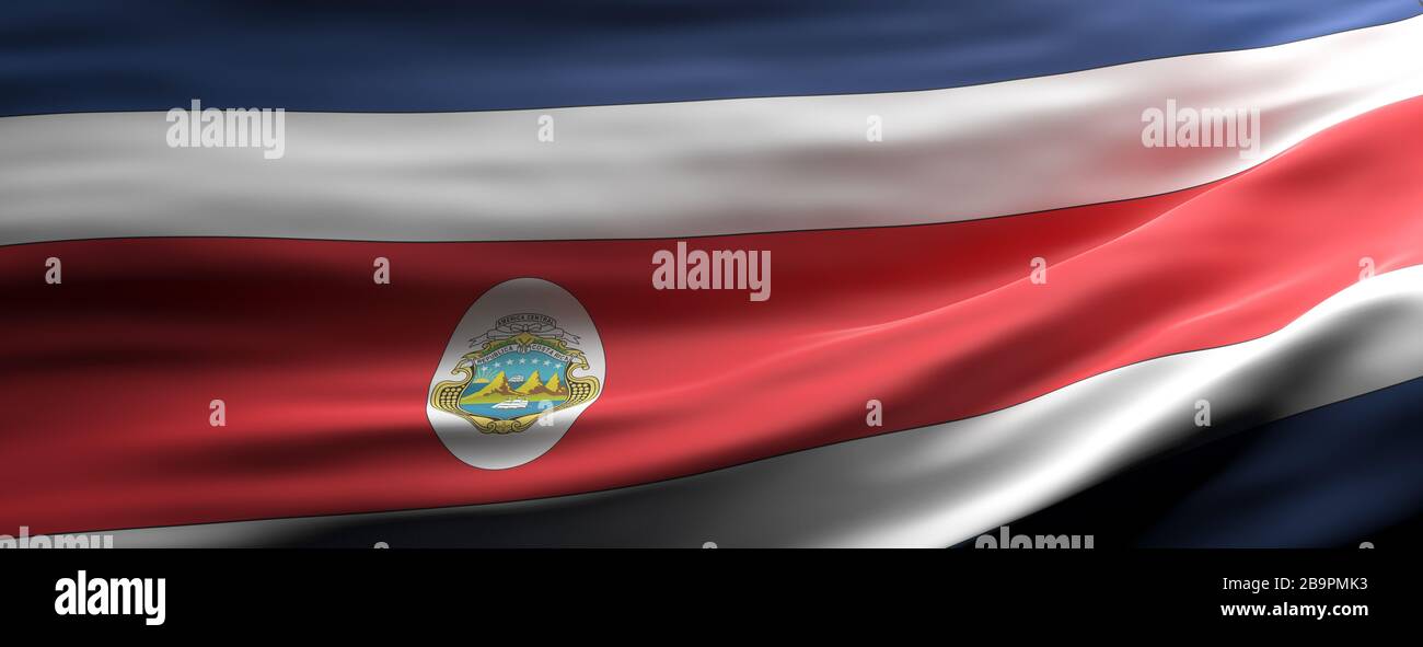 Symbol für Zeichen in Costa Rica. Costa-ricanische Nationalflaggen winken Texturhintergrund, Banner. 3D-Abbildung Stockfoto