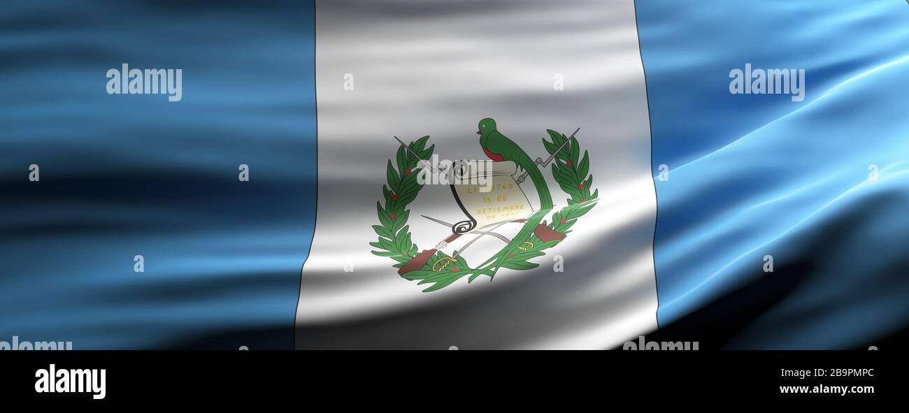 Symbol für Zeichen in Guatemala. Guatemala Nationalflaggen winken Texturhintergrund, Banner. 3D-Abbildung Stockfoto
