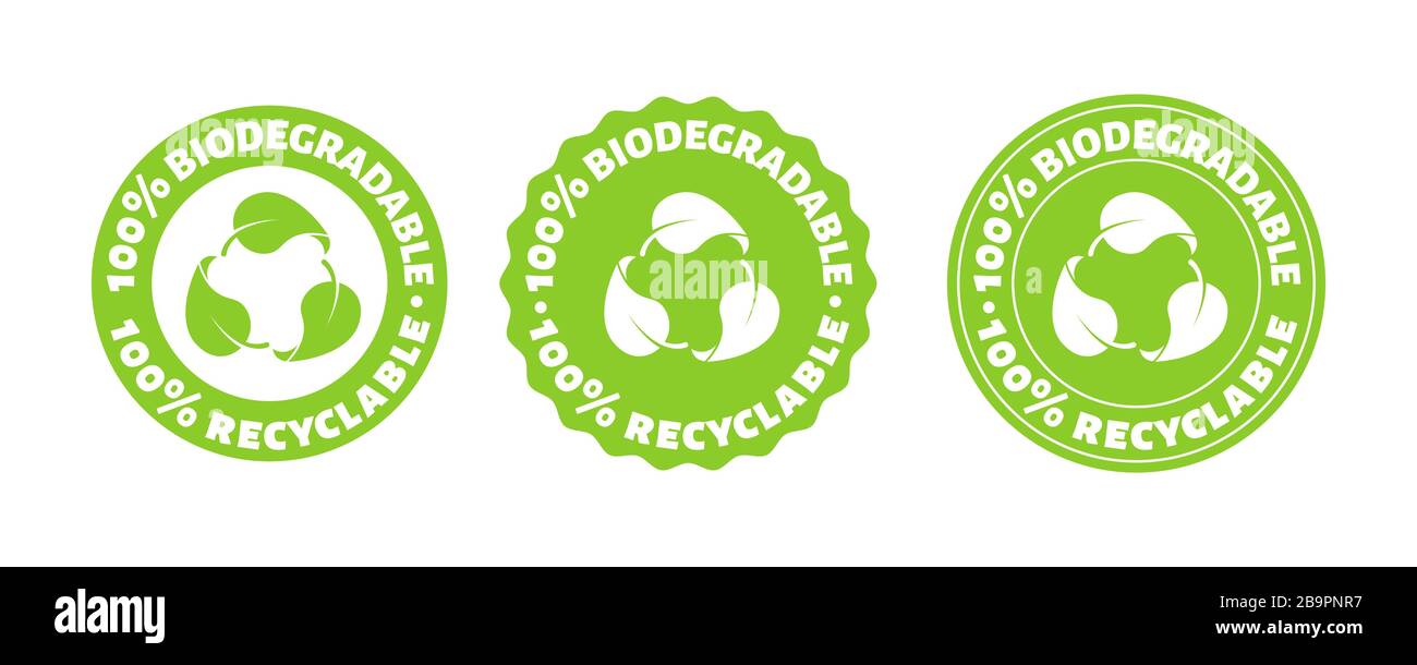 100 perent biologisch abbaubarer Recyclingstempel. Vector wiederverwendbares Logo aus Kunststoff-BIO-Paket. Umweltzeichen. Stock Vektor