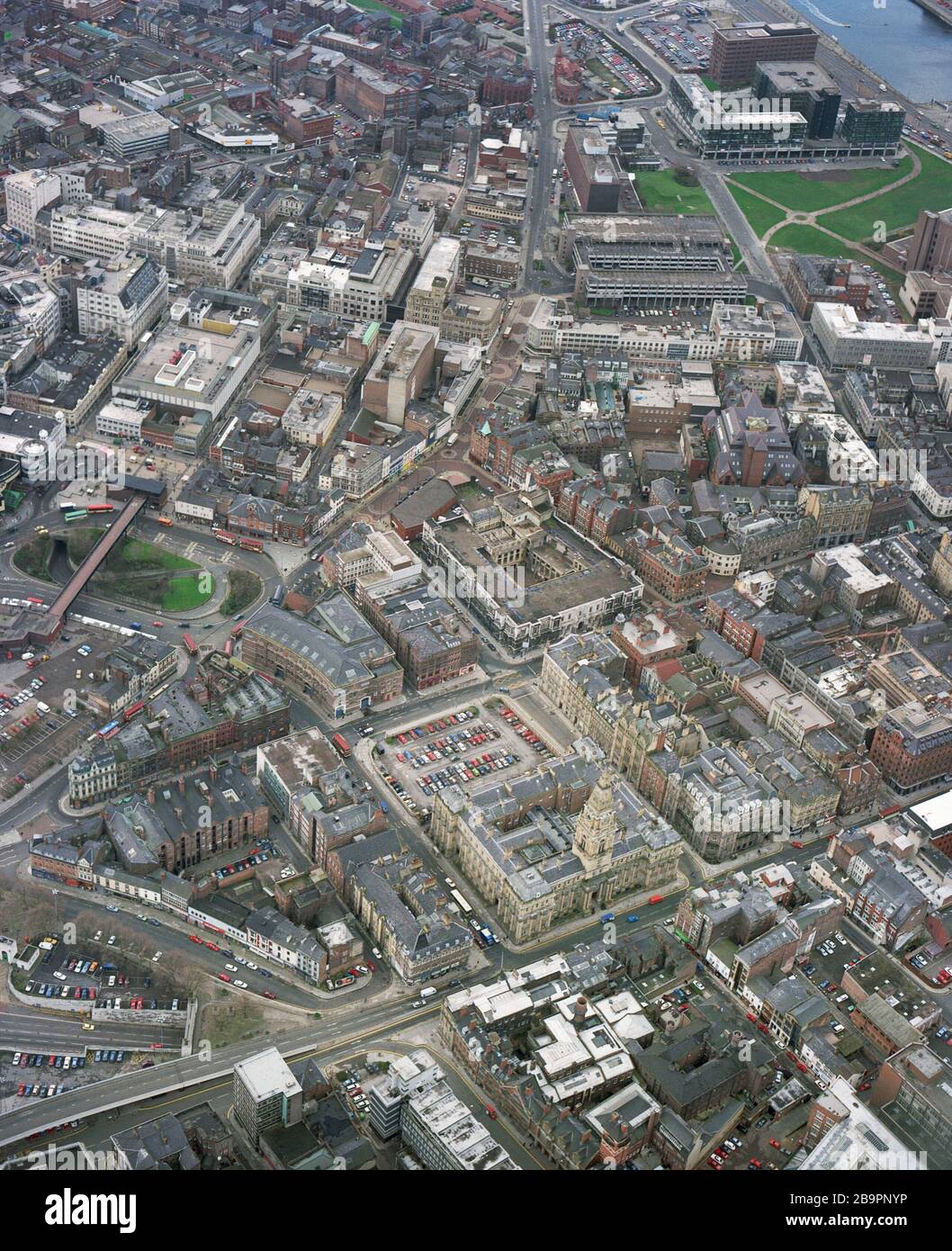 Liverpool City Center im April 1991, aus der Luft, Merseyside, North West England, Großbritannien Stockfoto