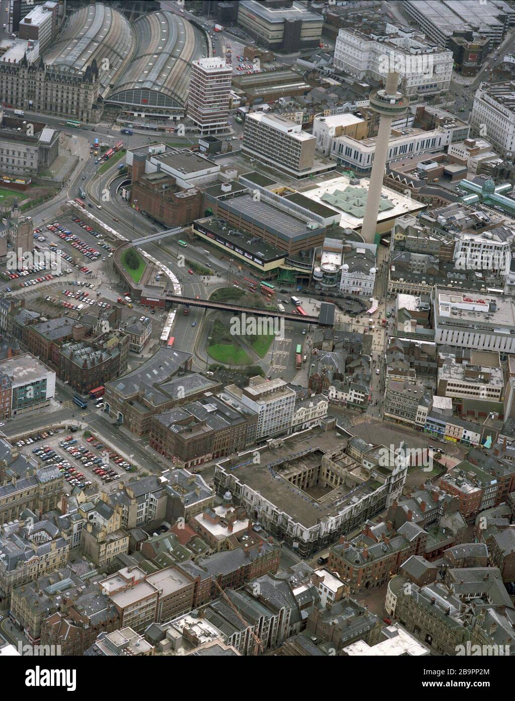 Liverpool City Center im April 1991, aus der Luft, Merseyside, North West England, Großbritannien Stockfoto