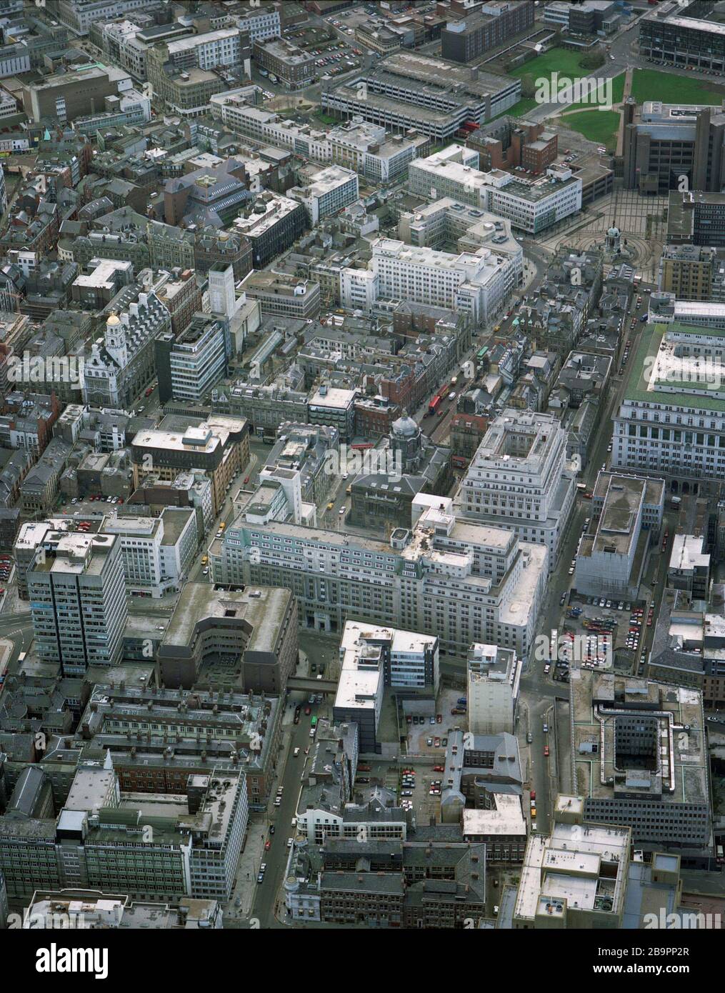 Liverpool City Center im April 1991, aus der Luft, Merseyside, North West England, Großbritannien Stockfoto