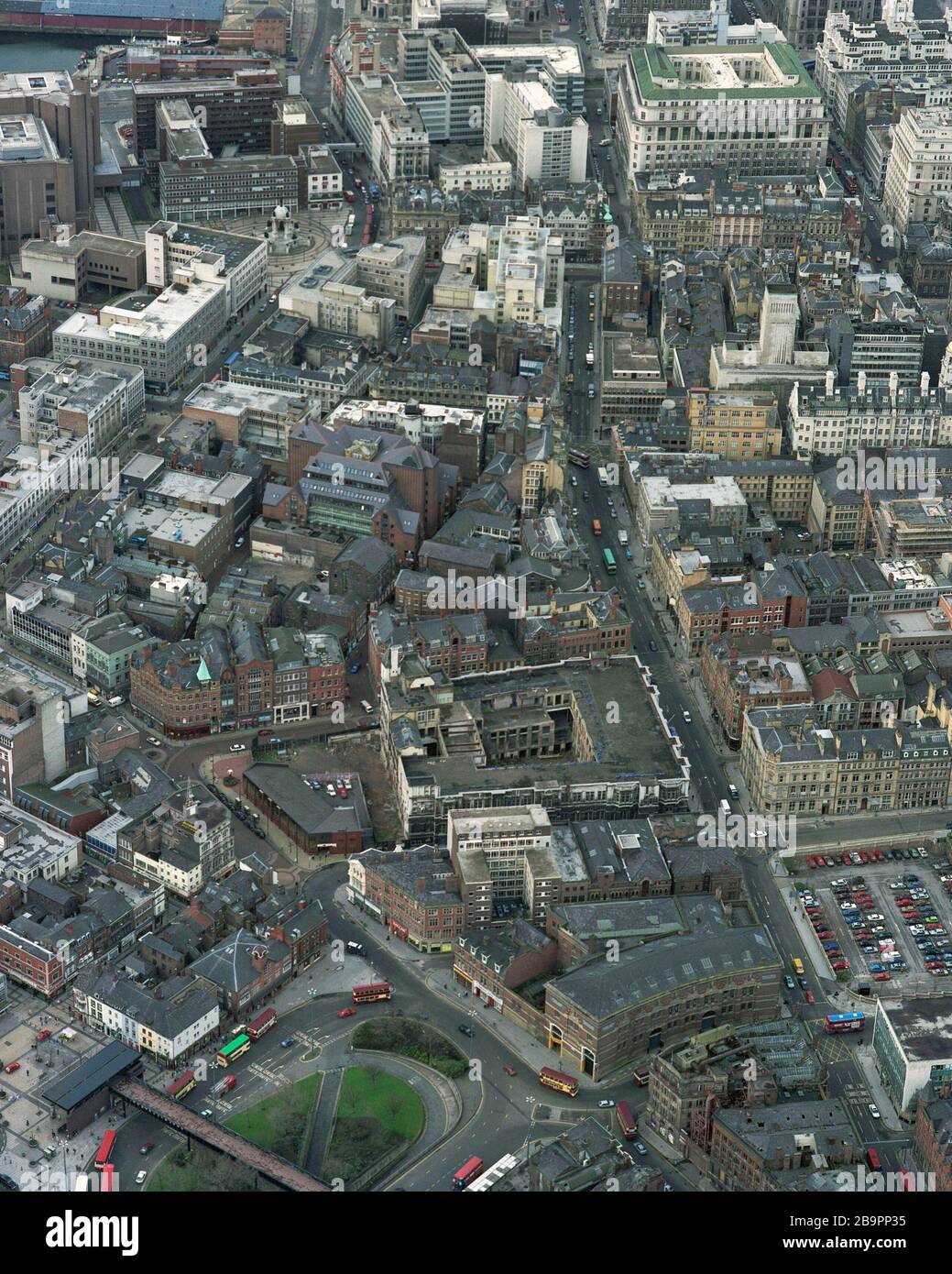 Liverpool City Center im April 1991, aus der Luft, Merseyside, North West England, Großbritannien Stockfoto