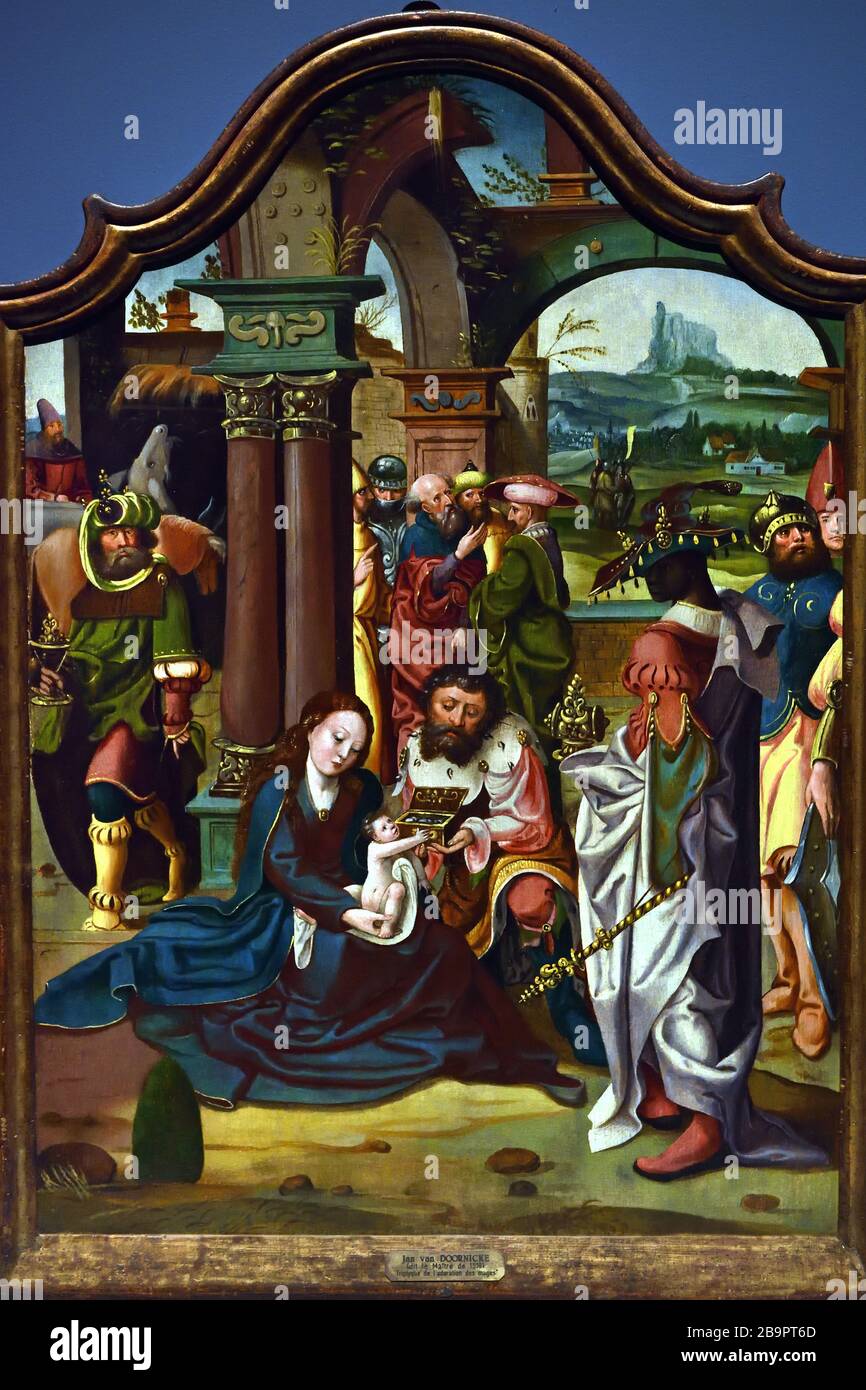 Die Anbetung der Könige (zentrale Tafel) Geburt und Beschneidung (Seitenwände), Jan van Doornik 1470-1527 ( Jan van Dornicke war ein südholländischer Maler ) Niederländisch, Niederlande, Trypich. Stockfoto