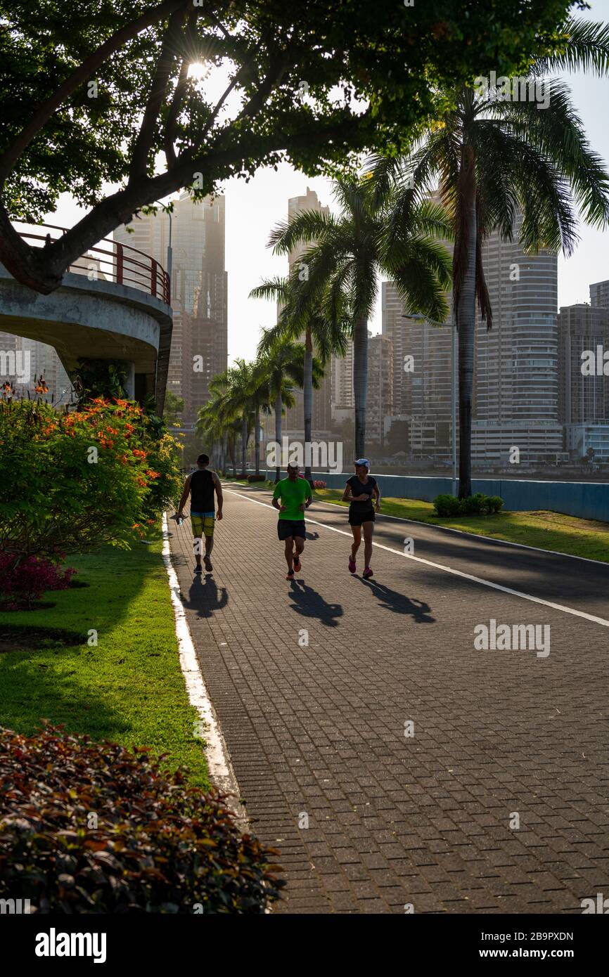 Am Morgen neben der Balboa Avenue oder der Cinta Costera Bayside Road werden Jogger, Radfahrer und Skater, Panama, Mittelamerika, voll Stockfoto