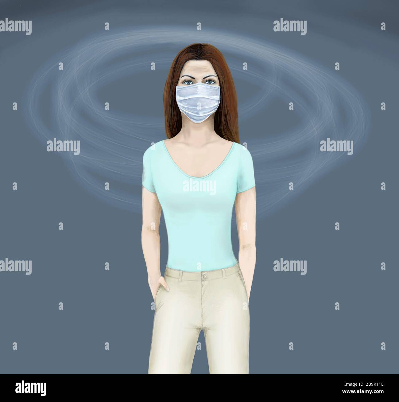 Frau mit Sicherheitsmaske - Freihandzeichnung der Figur der Dame, die in Europa als präventive Pflege eine chirurgische Maske trägt Stockfoto Frau mit Sicherheitsmaske - Freihandzeichnung der Figur der Dame, die in Europa als präventive Pflege eine chirurgische Maske trägt Stockfoto