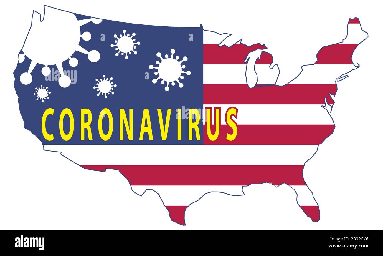 Coronavirus in den USA - Karte der Vereinigten Staaten von Amerika mit dem Coronavirus-Symbol Covid 19 und der Aufschrift "Coronavirus" (Vektorgrafik de Stock Vektor