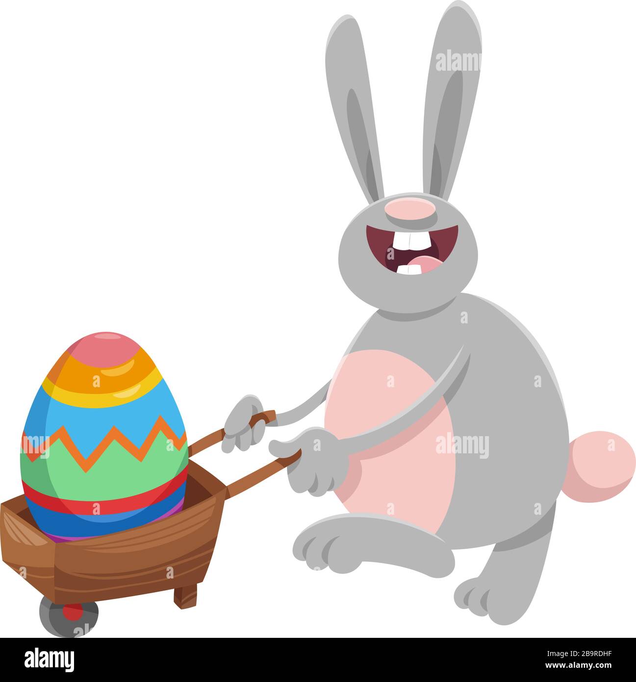 Cartoon-Illustration von lustigen Osterhasen mit großfarbigem Osterei auf Schubkarre Stock Vektor