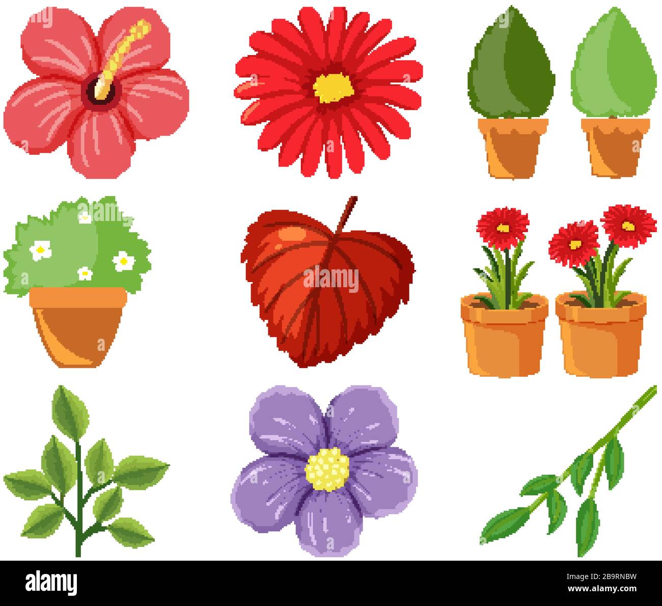 Großer Natursatz mit Blumen und Blättern auf weißer Hintergrundillustration Stock Vektor