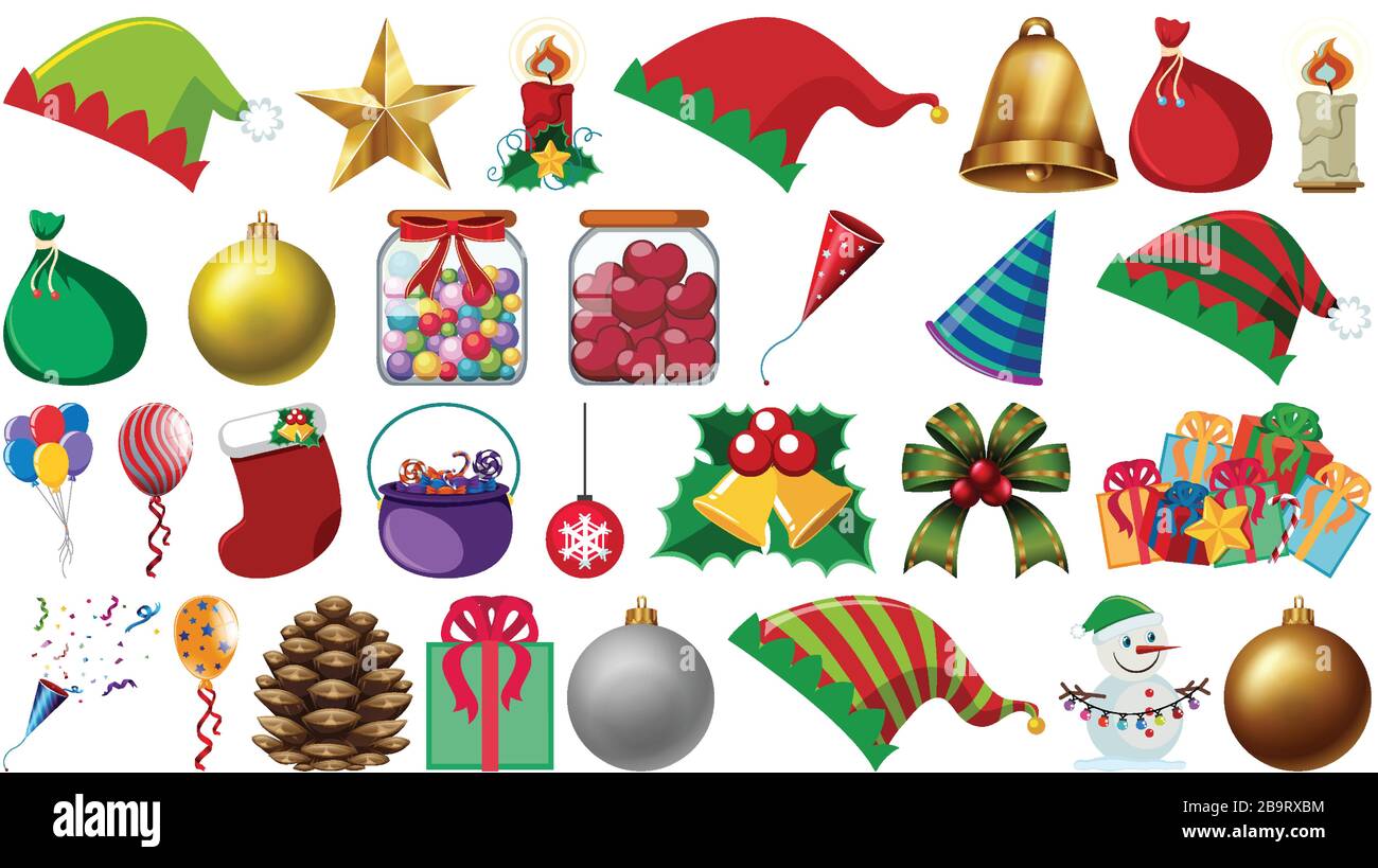 Set aus Partyornamenten und anderen Dekorationen auf weißer Hintergrundillustration Stock Vektor