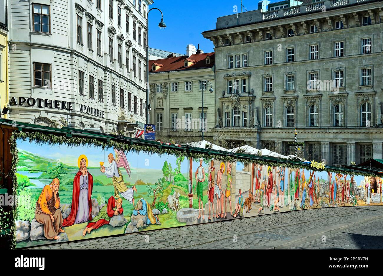 Wien, Österreich - 27. März 2016: Religiöse Wandbemalung am traditionellen Ostermarkt auf dem Freyung-Platz Stockfoto
