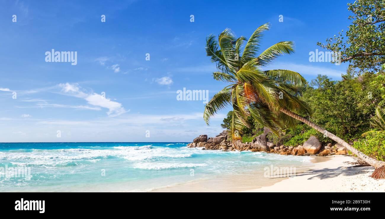 Seychellen Anse Georgette Strand Praslin Insel Palmen Panoramablick Ferienparadies Meer Wasser Stockfoto