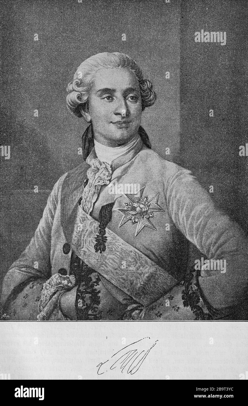 Ludwig XVI., König von Frankreich, Ludwig XVI. August von Frankreich (23. August 1754 - 21. Januar 1793) Aus dem Haus Bourbon war als Louis Auguste erster Herzog von Berry und wurde nach dem Tod seines Vaters im Jahre 17650Dauphin und nach dem Tod seines Großvaters im Jahre 1774/4 schließlich König von Frankreich und Navarra/Ludwig XVI., König von Frankreich, Ludwig XVI.. August von Frankreich (23. August 1754 - 21. Januar, 173) aus dem Haus der Bourbonen war als Louis Auguste zunächst Herzog von Berry und wurde nach dem Tode sines Vaters, 17625 Dauphin, nach dem Tode sines Großvaters, 174. König von Frank Stockfoto