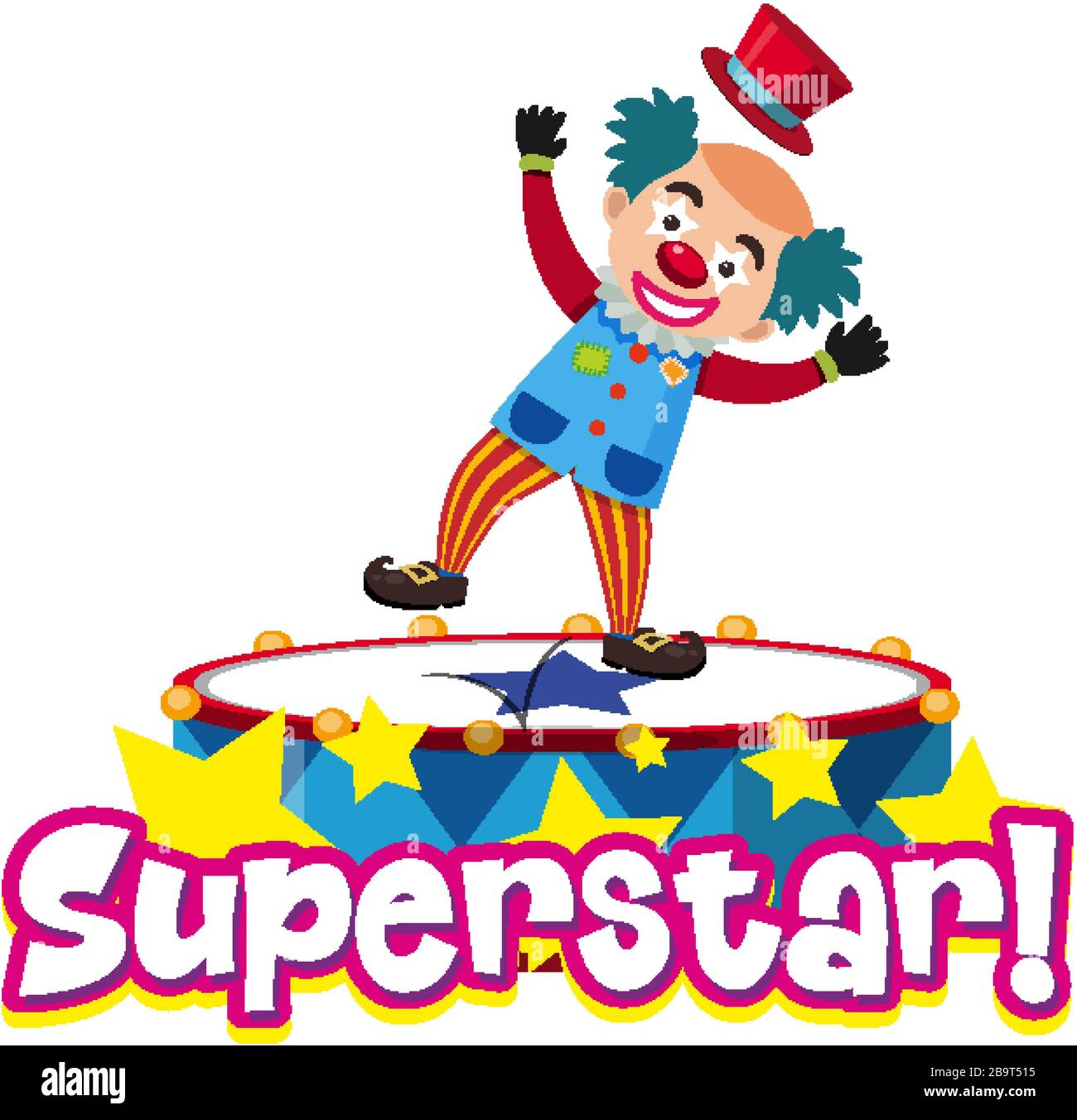 Schriftdesign für Wort-Superstar mit lustiger Clowndarstellung Stock Vektor