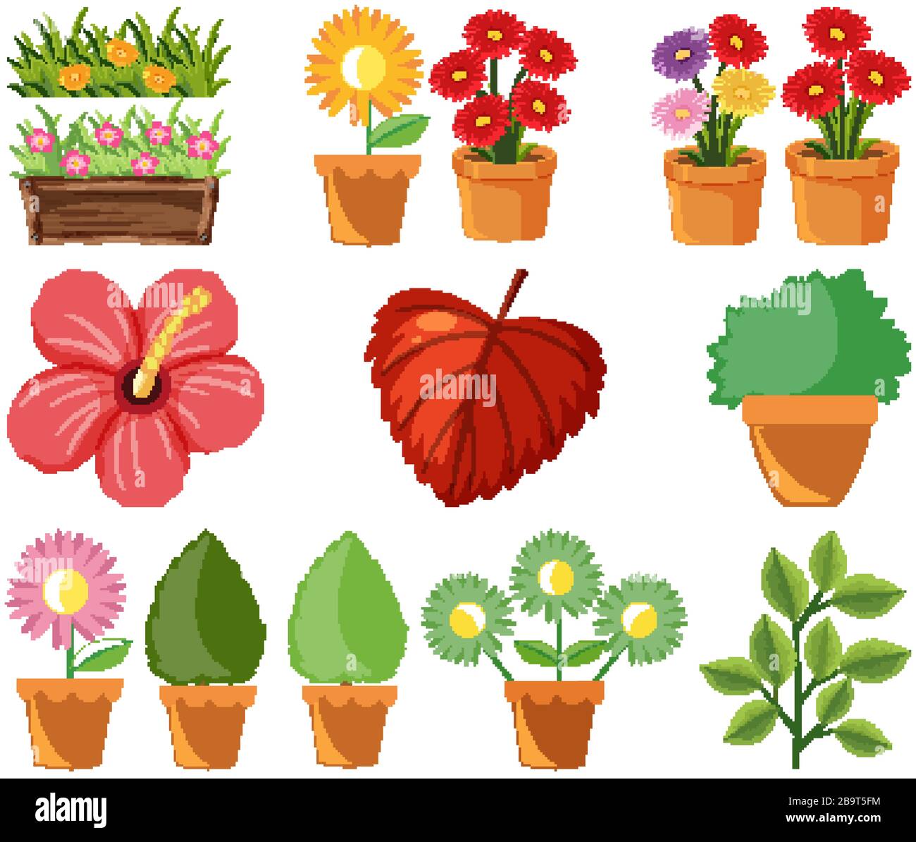 Großer Natursatz mit Blumen und Blättern auf weißer Hintergrundillustration Stock Vektor