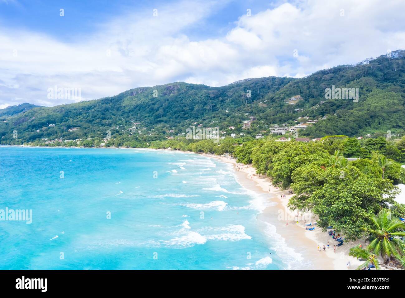 Strand Meer Meer Landschaft Seychellen Copyspace Urlaubsparadies drone View Luftfotografie Stockfoto