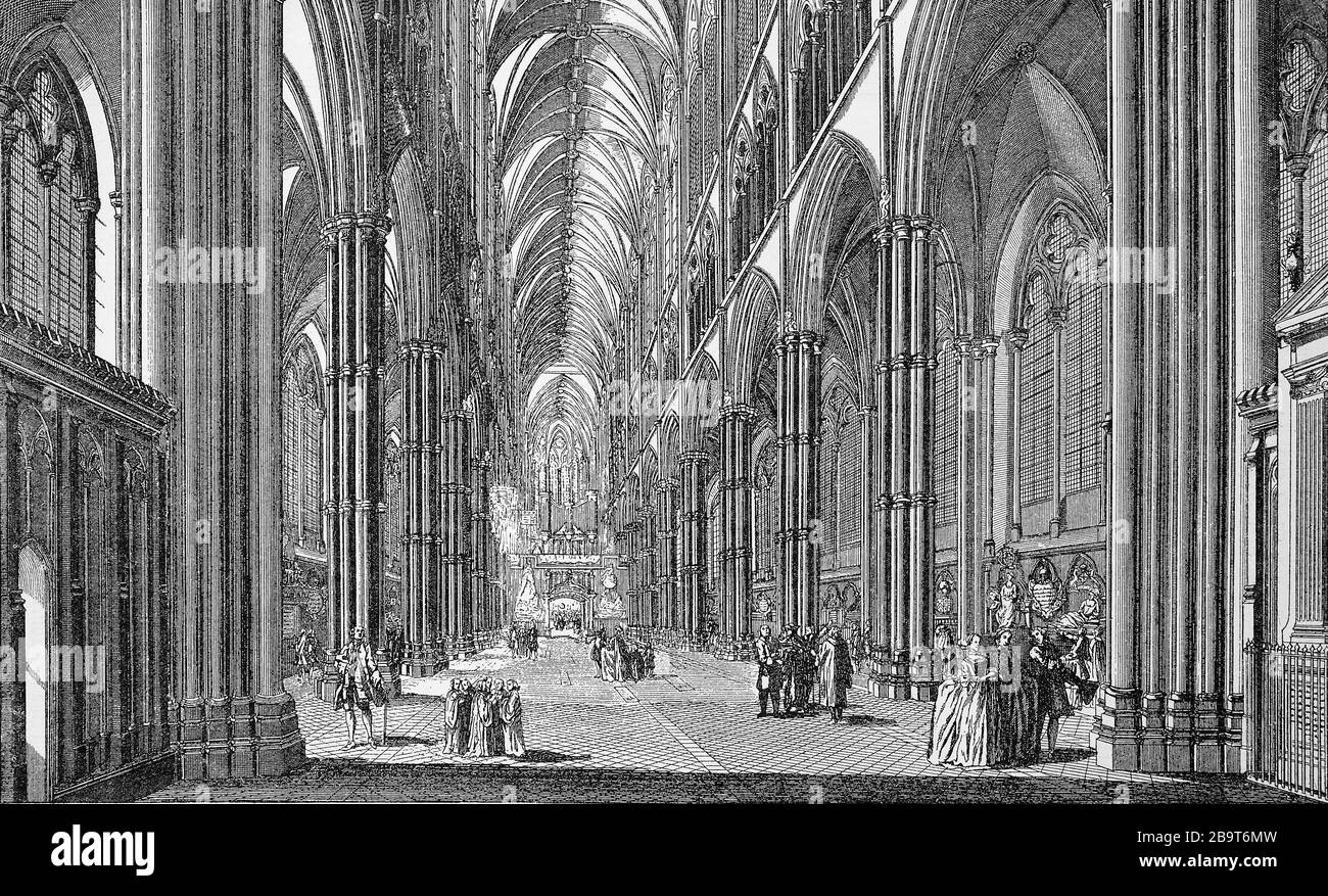 Inneneinrichtung der Westminster Abbey in London, England / Innenraum der Westminster Abtei in London, England, Historisch, digitale verbesserte Wiedergabe eines Originals aus dem 19. Jahrhundert / Digitale Reproduktion einer Originalanlage aus dem 19. Jahrhundert. Jahrhuntert, Stockfoto