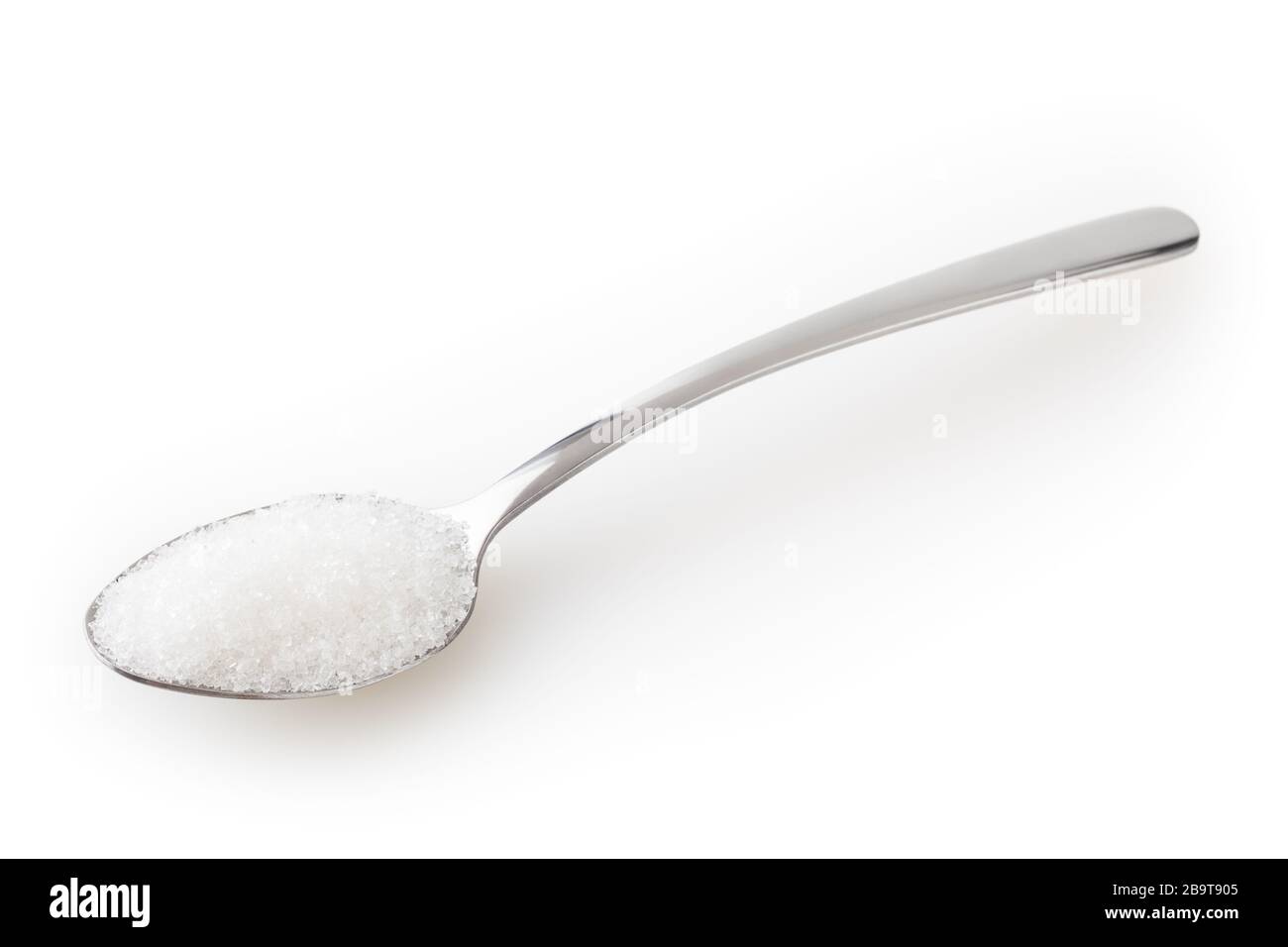 Teelöffel Zucker isoliert auf weißem Hintergrund mit Beschneidungspfad Stockfoto