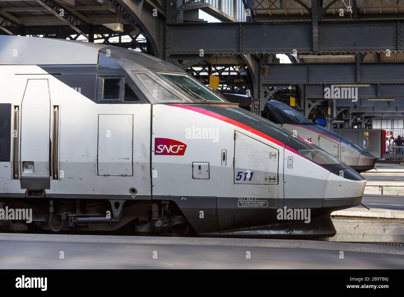 Paris, Frankreich - 23. Juli 2019: Französische TGV-Hochgeschwindigkeitszüge zum Bahnhof Paris EST in Frankreich. Stockfoto